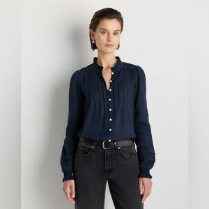 Quince Organic Textured Cotton Peasant Blouse Navy Blue Size Large